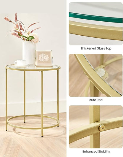 VASAGLE Round Side Tables, Set of 2, Glass End Tables with Metal Frame, Gold Coffee Tables with Modern Style, for Living Room, Balcony, Bedroom, Gold Color