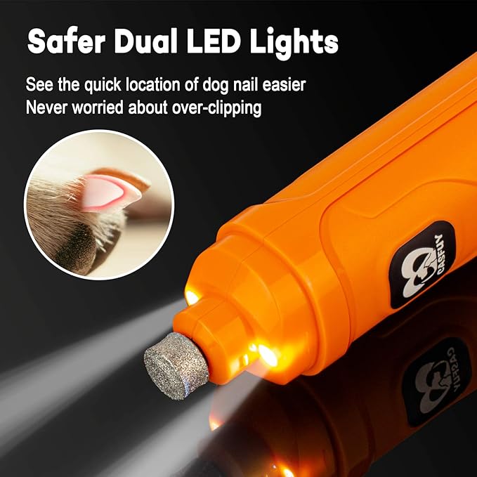 Casfuy Dog Nail Grinder with 2 LED Light - New Version 2-Speed Powerful Electric Pet Nail Trimmer Professional Quiet Painless Paws Grooming & Smoothing for Small Medium Large Dogs and Cats (Orange)-Mewly Pet