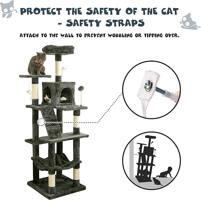 MWPO 63.8 inches Multi-Level Cat Tree for Large Cats with Sisal-Covered Scratching Posts, Padded Platform, Hammock and Condo,Stable Cat Tower Cat Condo Pet Play House-Smoky Gray-Mewly Pet