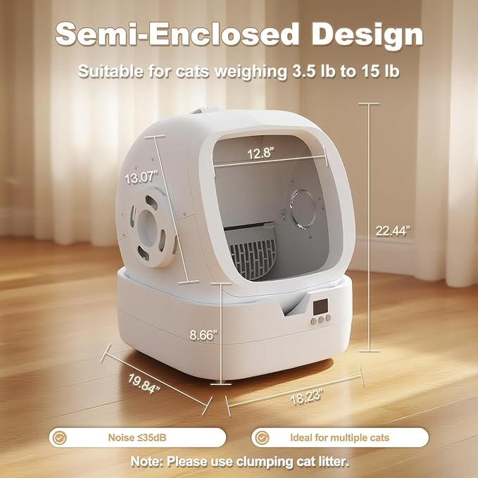 Automatic Cat Litter Box Self Cleaning - APP Control and Weight Monitoring - Ultra-Quiet, Suitable for Medium Cats and Kittens, Safe Anti-Pinch Litter Box (Assembly Required) -White-Mewly Pet