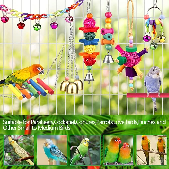 Bird Toys for Conures with Colorful Ladder Hammock Bird Cage Accerious Bird Perch Stand Chewing Toys Hanging Bell for Parrot Parakeet Cockatiel Lovebirds-Mewly Pet