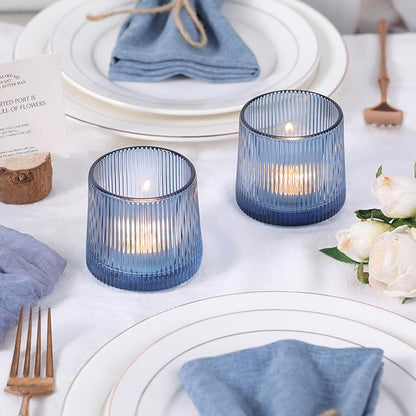 DARJEN Blue Ribbed Tealight Votive Candle Holders Set of 10- Votive Candle Holders for Table Centerpiece, Tea Light Candle Holder Glass for Wedding and Home Decor, Blue Decor and Gifts