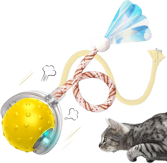 Interactive Cat Toy – Motion Activated Rolling Ball with LED Lights & 3 Play Modes & Two Different Tails - Best Toy for Indoor Cats & Kittens to Stay Active and Stimulate Hunting Instinct (Yellow)-Mewly Pet