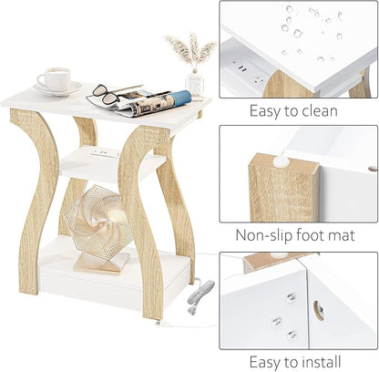 End Table Set of 2 with Charging Station, Side Table with USB Ports and Outlets, Nightstand, 3 Tier End Table with Storage Shelf for Living Room, Bedroom (White Set of 2)