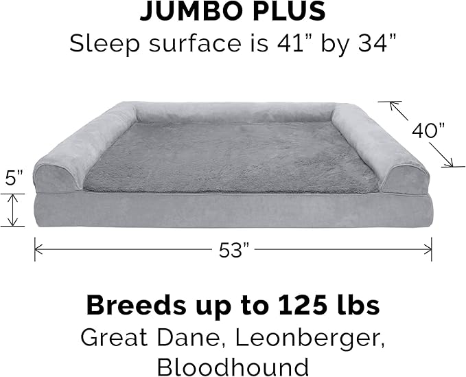 Furhaven Orthopedic Dog Bed for Large Dogs w/ Removable Bolsters & Washable Cover, For Dogs Up to 125 lbs - Plush & Suede Sofa - Gray, Jumbo Plus/XXL-Mewly Pet