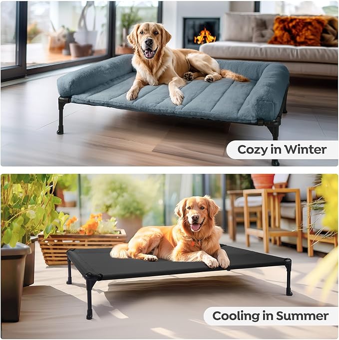 Veehoo Cooling Elevated Dog Bed with Fluffy Plush Bolster Cushion, Indoor Raised Dog Beds for Large Dogs, Soft Pet Sofa Cot with Removable Washable Mat, No-Slip Feet, 42 x 30 inches, Haze Blue-Mewly Pet
