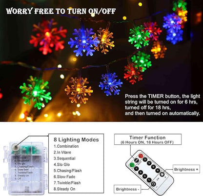 Christmas Lights Multicolor, 20 FT 40 LED Multi Colored Snowflake String Lights, Battery Operated 8 Modes Colorful Holiday Hanging Lights, Bedroom Room Xmas Tree Decor Indoor Outdoor Decorations