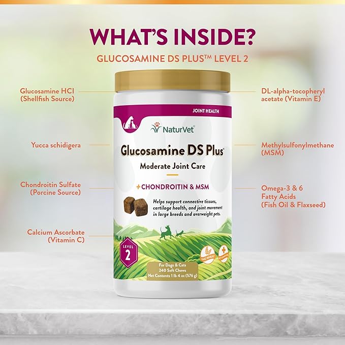 NaturVet – Glucosamine DS Plus - Level 2 Moderate Care – Supports Healthy Hip & Joint Function – Enhanced with Glucosamine, MSM & Chondroitin – for Dogs & Cats – 240 Soft Chews-Mewly Pet