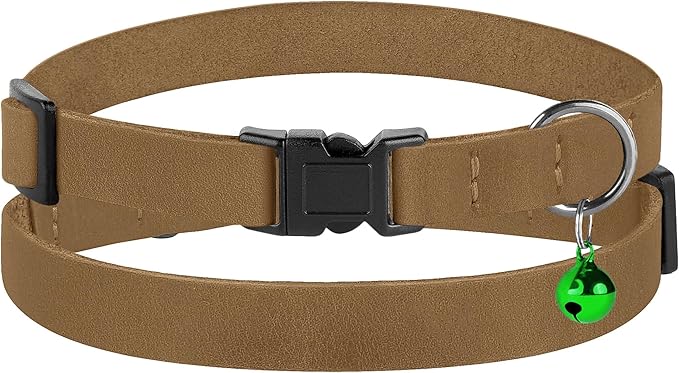 Breakaway Cat Collar Leather with Removable Bell - 13 Colors Available - Soft Adjustable Girl Boy Safety Lightweight Pet Kitten Collars Pink Brown Blue Green Red Orange Black (Brown)-Mewly Pet