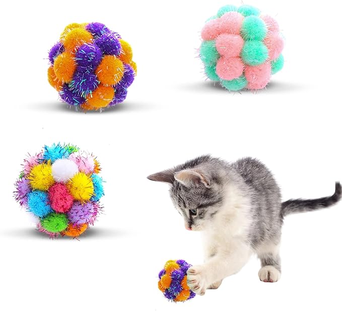 TUSATIY Cat Toys Ball with Bells 3PCS, Color Cat Pom Pom Balls,Tinsel Sparkle Balls,Interactive Toy for Indoor Cats Kitten-Mewly Pet