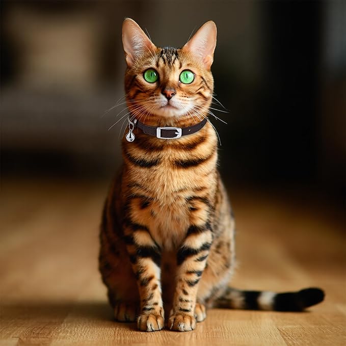 OOPSDOGGY Rolled Leather Cat Collar with Bell, Reflective Kitten Collars with Buckle Include Safety Elastic Strap - Adjustable Small Pet Collars for Boy Girl Cats (Dark Brown)-Mewly Pet