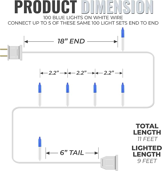 612 Vermont 100 Blue Christmas Lights on a White Wire String, UL Approved, Indoor/Outdoor Use, 18’ of Lighted Length, 20’ of Total Length