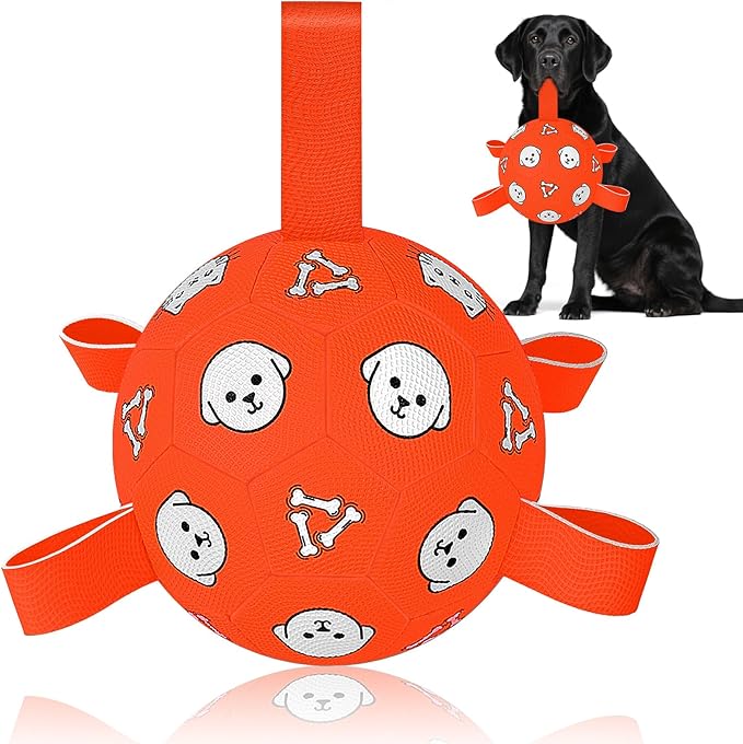 Dog Balls Toy, Durable Soccer Ball with Straps, Interactive Dog Toys, Water Fetch Ball for Tug of War, Herding, Dog Toys to Keep Them Busy – Dog Birthday Gift for Medium Large, 8 Inch-Mewly Pet