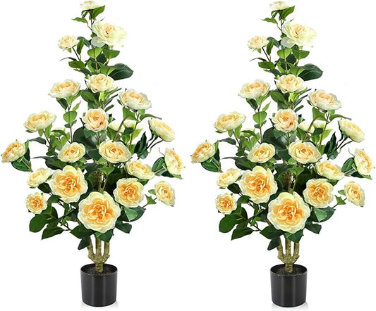 Faux Outdoor Plants 2 Pcs - 39’’ Artificial Camellia Tree Potted with Yellow Flowers, Artificial Plants Outdoor Porch Front Door Garden Indoor Office Home Wedding Decor Housewarming Gift