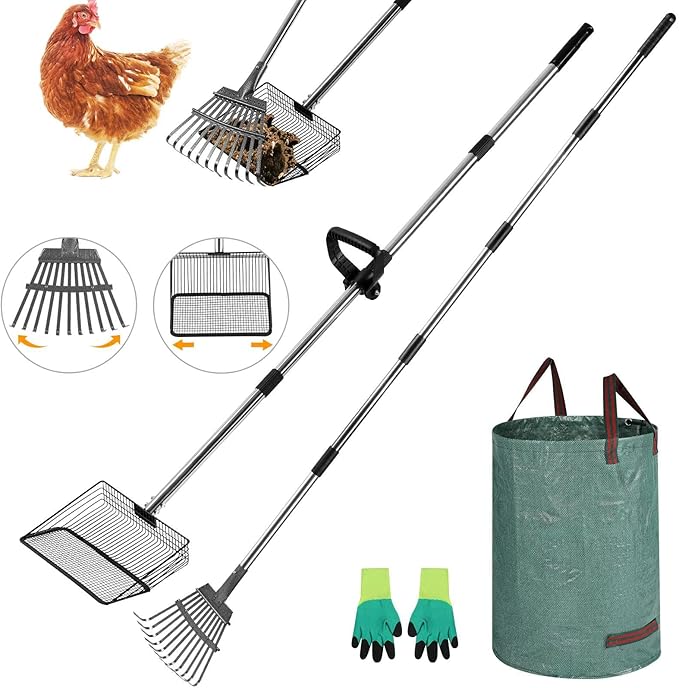 Chicken Poop Scooper Set - Adjustable Coop Scoop with Ergonomic Grip, Rake, Reusable Waste Bag & Gloves - Durable Sand Sifting Litter Shovel for Chicken Coops, Farms, Pet Waste-Mewly Pet