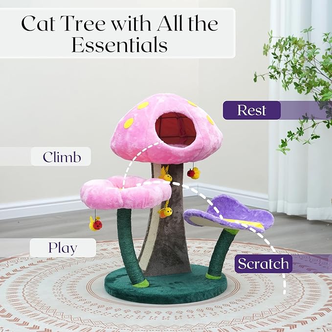Catry® Wonderland 3-Level 31" Cat Tree with Mushroom Condo, Flower Perch, Sisal Scratching Pad, Parts Replaceable, Garden Style with Bee Toys. Multi- Color-Mewly Pet