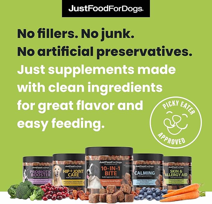 JustFoodForDogs Skin & Allergy Care Soft Chews Supplement for Dogs, Seasonal Allergies, Itchy Skin Relief, Inflammation, Immune Support - 45 Count-Mewly Pet