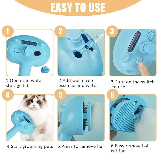 Cat Steam Brush for Shedding, Pet Steam Brush for Dog with Release Button,Anti-Static Pet Spray Hair Removal Comb,Cat Spray Comb for Long & Short Haired Pets,Blue-Mewly Pet
