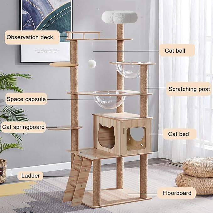 67-Inch Cat Tree for Indoor Cats Large Adult,Cat Tree Tower with Condo, Cat Stairs, 2 Bowl,14 Sisal Scratching Posts, Top Perch, with Padded Platform Bed,Toy Balls,Larg Large cat Tree.B12-Mewly Pet