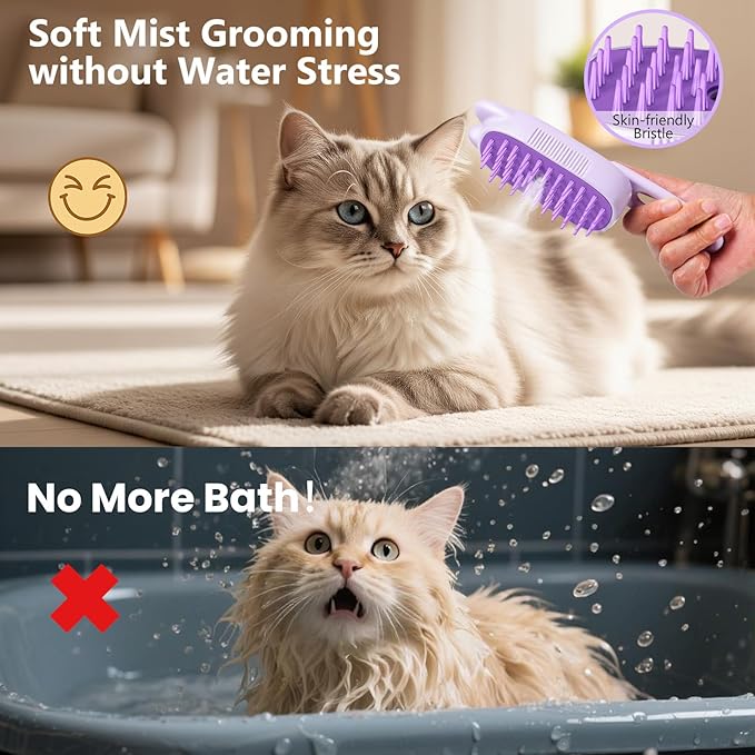 Rechargeable Cat Steam Brush with Mist Spray, 3-in-1 Pet Steam Brush for Long and Short Haired Cats and Small Dogs, Anti-Static, De-Shedding, Detangling, Massage, Purple Cat Design-Mewly Pet