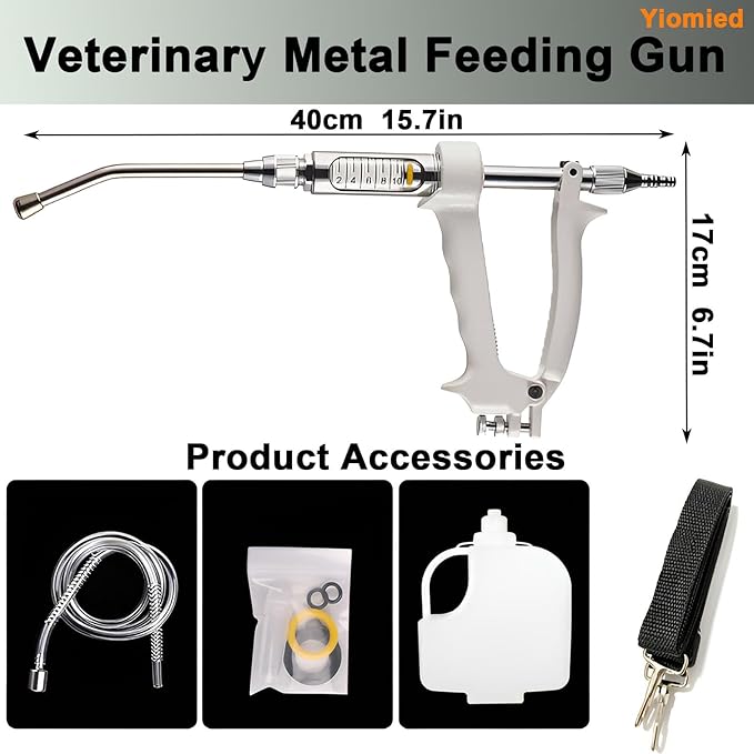 10ML Veterinary Metal Feeding Gun, Continuous Drench Gun Dosing Device Veterinary Adjustable Medicine Dispenser Husbandry Autonomous Feeding Tool, for Pig Cow, Sheep, Horse (White Color, 10ML+Kettle)-Mewly Pet