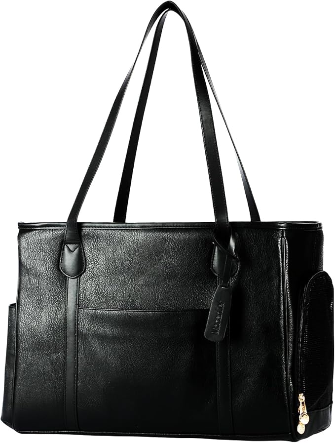 Stylish Dog Purse Carrier, Leather Pet Carrier Bag for Small Dogs Cats Puppy, Airline Approved Soft-Sided Carrier Black-Mewly Pet