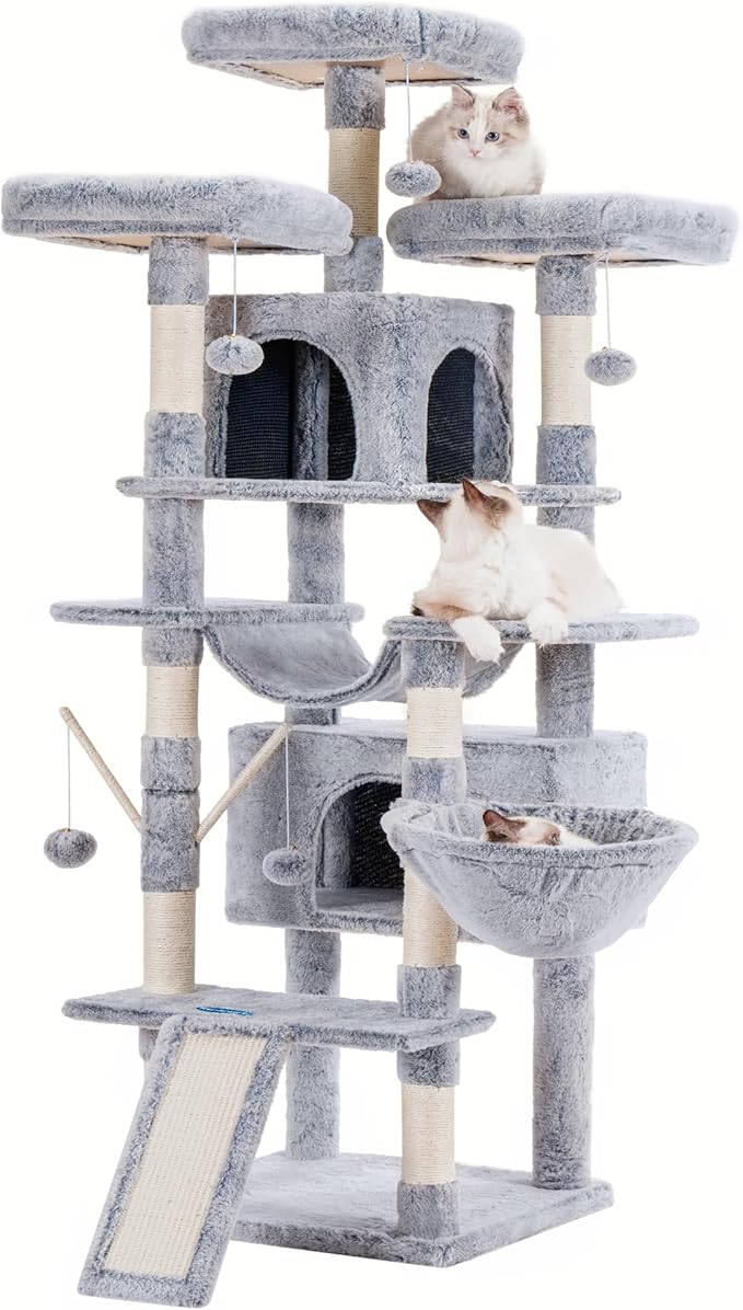 Hey-brother Cat Tree, 71 inches XL Large Cat Tower for Indoor Cats, Multi-Level Cat House with 3 Padded Perches, Big Scratcher, Cozy Basket, 2 Cat Condos and Scratching Posts,Pewter MPJ034PE-Mewly Pet