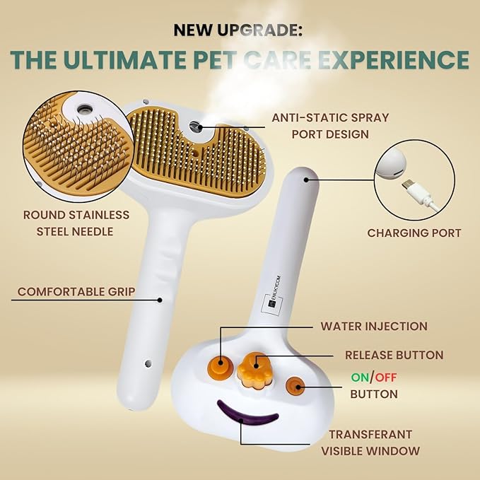 Self Cleaning Steam Brush for Cat Dog, 4 in 1 Pet Brushes for Shedding & Grooming, Bath Massage & Water/Mist Slicker Brush for Long Haired Cats & Dogs- Pet Grooming Brushes with Spray for Cats-Mewly Pet