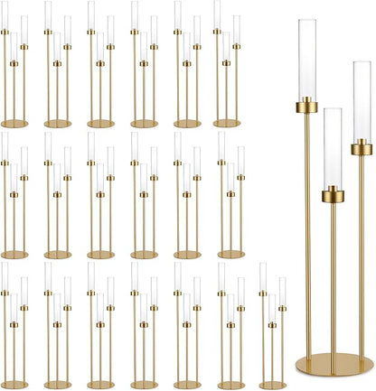 Vincidern 20pcs Gold Candelabra with Acrylic Lampshade, 3 Arm Taper Candle Holder, 33.8 in Tall Metal Candlestick for Table Centerpieces, Halloween, Christmas, Wedding Decor