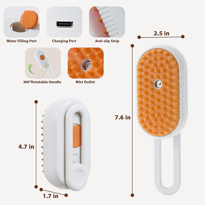 4 in 1 Cat Steam Brush, Rechargeable Steam Brush for Cats and Dogs, Anti-Static Cat Spray Brushes, Massage, Cleaning, Shedding & Combing All In One! White-Mewly Pet