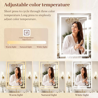 48x36 LED Mirror for Bathroom with Front and Backlit Light Up Digital Mirrors for Wall,Anti Fog,Stepless Dimmable,Tempered Silver Glass Smart Vanity Mirror for Bathroom