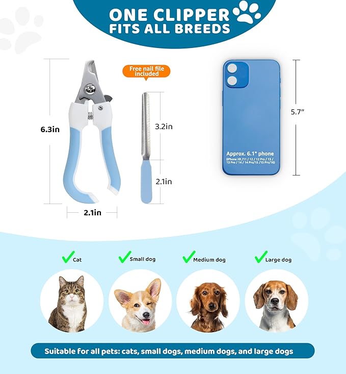 Pet Nail Clippers and Trimmers for Dogs and Cats, Professional Grooming Tool with Safety Guard, Sharp Blades, Free Nail File, Avoid Overcutting, Suitable for Small and Large Pets (Blue)-Mewly Pet