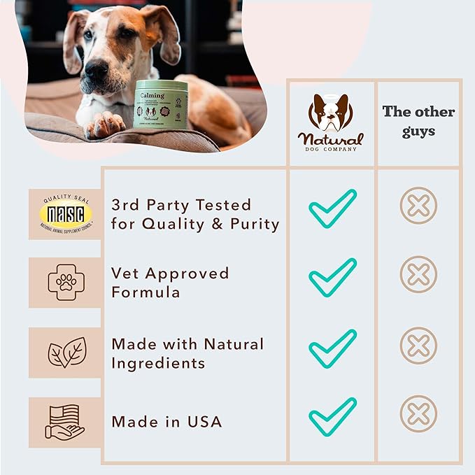 Natural Dog Company Calming Chews for Dogs, Stress & Anxiety Relief Supplement with Chamomile, Valerian Root & Melatonin, Natural Soothing Chews for Travel, Thunder, Fireworks & Separation (90 cnt)-Mewly Pet
