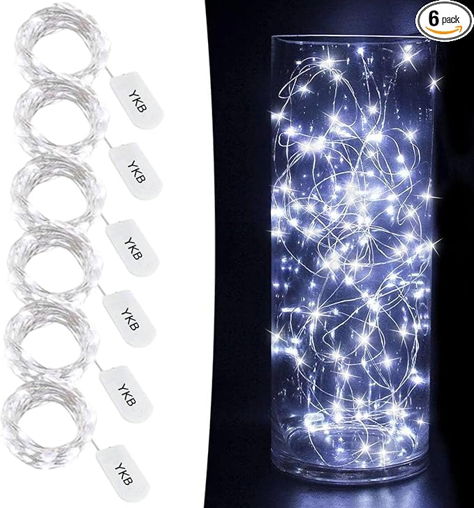 YKB 6 PCS LED Starry String Lights with 20 Mini LEDs on 3.3FT/1M Copper Wire, Fairy Lights Powered by 2xCR2032(Incl) Batteries, for Wedding Table Holiday Halloween Christmas Decorations, Cool White