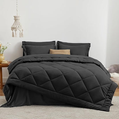 Love's cabin California King Comforter Set Black, 7 Pieces California King Bed in a Bag, All Season Bedding Sets with 1 Comforter, 1 Flat Sheet, 1 Fitted Sheet, 2 Pillowcase and 2 Pillow Sham