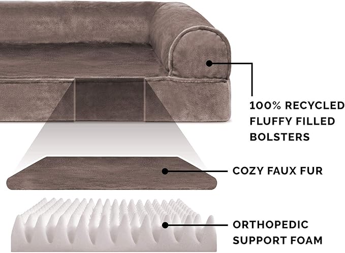 Furhaven Orthopedic Dog Bed for Large/Medium Dogs w/ Removable Bolsters & Washable Cover, For Dogs Up to 55 lbs - Faux Fur & Velvet Sofa - Driftwood Brown, Large-Mewly Pet