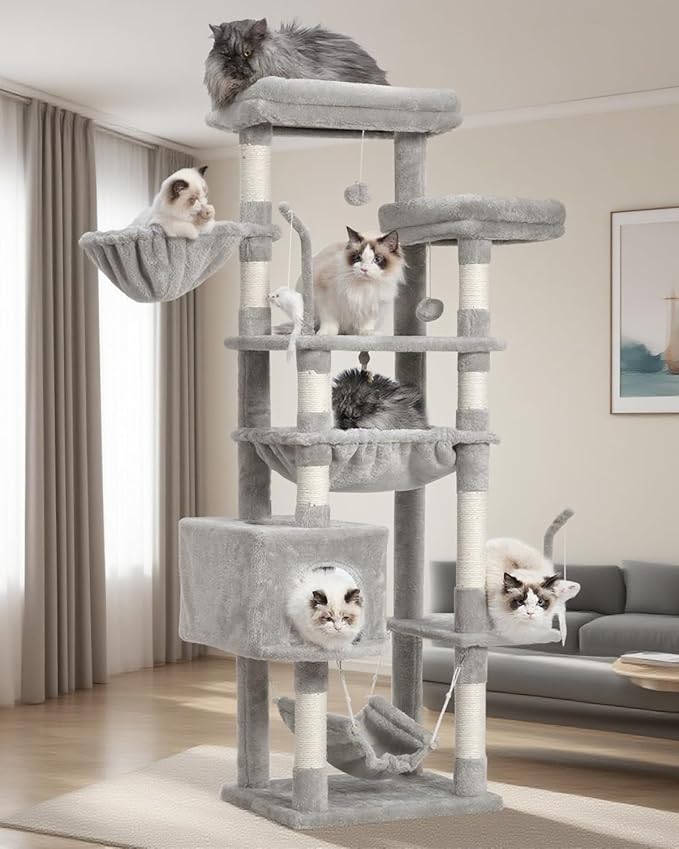 Cat Tree, Cat Tower for Large Cats with 2 Big Platforms, 2 Baskets, condo and Toys, 63" Cat Scratching Posts for Indoor Cats, Light Gray GCT020W-Mewly Pet