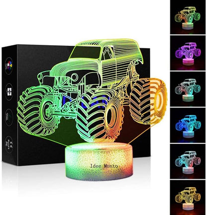 3D Night Lights for Children, Kids Night Lamp, Monster Trucks for Boys, 7 LED Colors Changing Lighting, Car Shape Acrylic Lighting Table Desk Bedroom Decoration, Cool Gifts Ideas Birthday Xmas