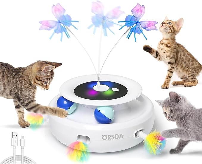 ORSDA Cat Toy, 3-in-1 Automatic Interactive Electronic Moving Ambush Feather, Fluttering Butterfly, Track Balls, USB Rechargeable Powered Smart Indoor Exercise Kicker-Mewly Pet