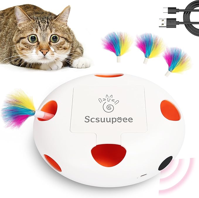 Interactive Cat Toy, Electric Cat Toys for Moving Concealed Feathers, Smart Sensor 7 Holes Whack a Mole Feather Toy, USB Charge Automatic Kitten Toys,White-Mewly Pet