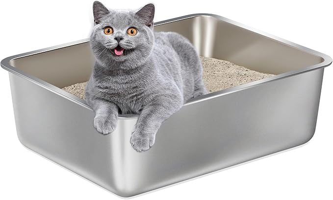 Stainless Steel Litter Box -6in High Side,Metal Litter Box for Cat/Kitty/Rabbits 17" L x 13.8" W x 6" H，Stainless Steel Cat LitterBox-Metal PanToilet,No Smell, Non Stick, Easy Clean.-Mewly Pet