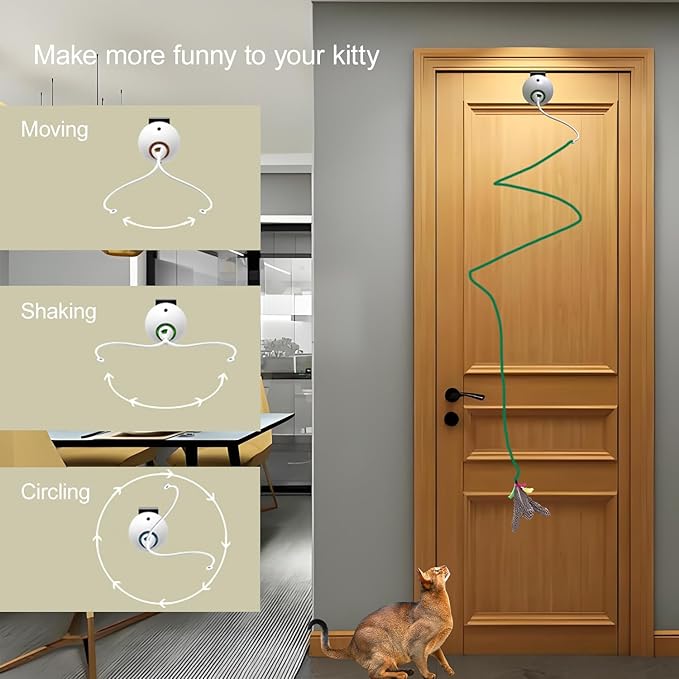 Cat Toys Interactive for Indoor, Cats Toy Hanging Door Electric for Bored, Feather Toy Kitten Rechargeable Door Hanging Automatic String with 4pcs Feather Toys, White-Mewly Pet
