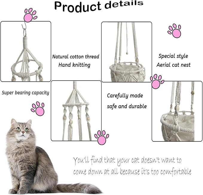 kathson Macrame Cat Hammock with Cushion,Handwoven Cats Bed,Hanging Indoor Boho Kitten Swing Beds for Playing Sleeping Climbing and Lounging(XL)-Mewly Pet
