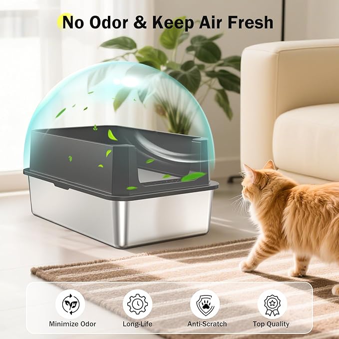 Stainless Steel Litter Box, Extra Large Litter Boxes for Big Cats, XLarge Metal Cat Litter Box with Lid, Anti-Urine Leakage XL Box with High Sides, Easy Clean, Non-Sticky, Scoop Included-Mewly Pet