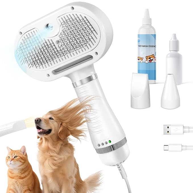 Cat Steam Brush with 600W High-Power Pet Dryer, Pet Spray Hair Removal Comb, 5 in 1 Cat & Dog Brush for Shedding, Includes Shampoo(Wired)-Mewly Pet
