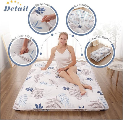 Japanese Floor Mattress, Futon Mattress with Portable Storage Bag and Washable Cover, Roll Up Thick Tatami Mat Suitable for Camping, Guest Room, White Leaf, Twin