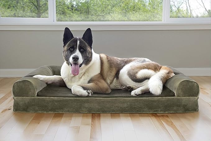 Furhaven Cooling Gel Dog Bed for Large Dogs w/ Removable Bolsters & Washable Cover, For Dogs Up to 95 lbs - Faux Fur & Velvet Sofa - Dark Sage, Jumbo/XL-Mewly Pet