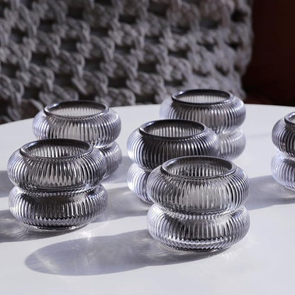 Woho Smoke Grey Ribbed Votive Candle Holder Set of 12, Vintage Tea Lights Candle Holder for Halloween Decorations, Glass Tealight Candle Holders for Holiday Party/Home Decor (Grey, 2.1" H X 2.75" D)