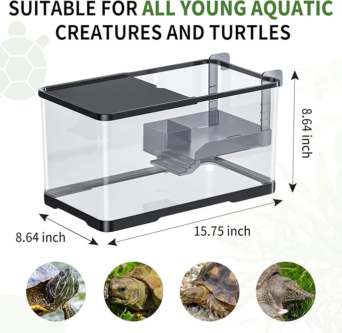 (Tank + Light + Filter Balls) Turtle Tank Kit, Turtle Tank Starter Kit,Bottom Drainage, Multi-Function Areas for Turtles, Crabs,Fishes, Amphibians,Reptiles. (15.75 x 8.64 x 8.64 Inch)-Mewly Pet