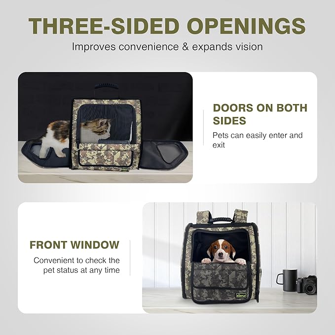 Collapsible Cat Backpack Carrier, Dog Backpack Carrier for Small Dogs Cats Up to 12 Lbs, Three-Sided Breathable Pet Backpack with Soft Padded, Designed for Outdoor and Travel Use, Camo-Mewly Pet